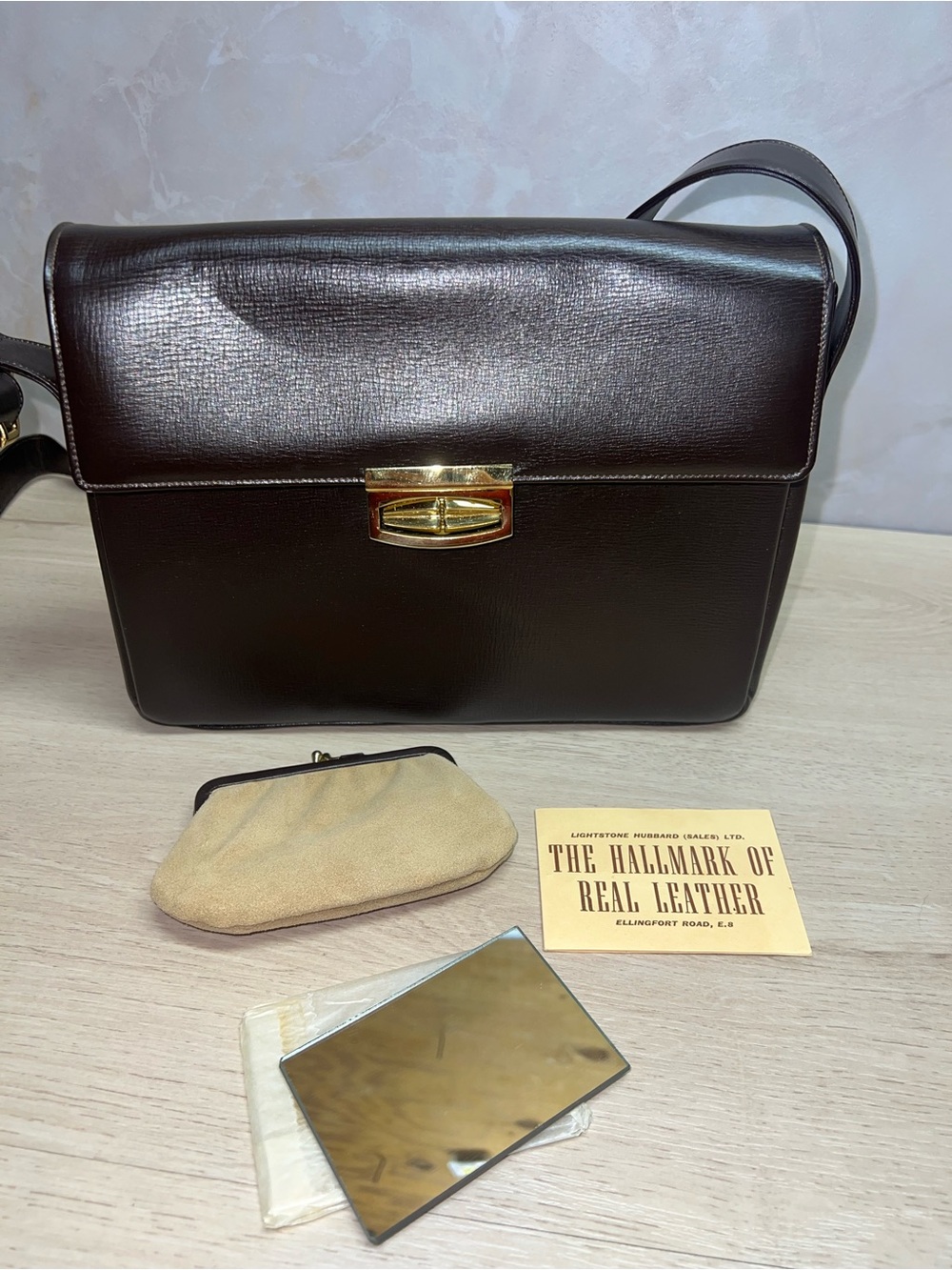 Vintage Made in England Brown Real Leather Shoulder Bag + Accessories